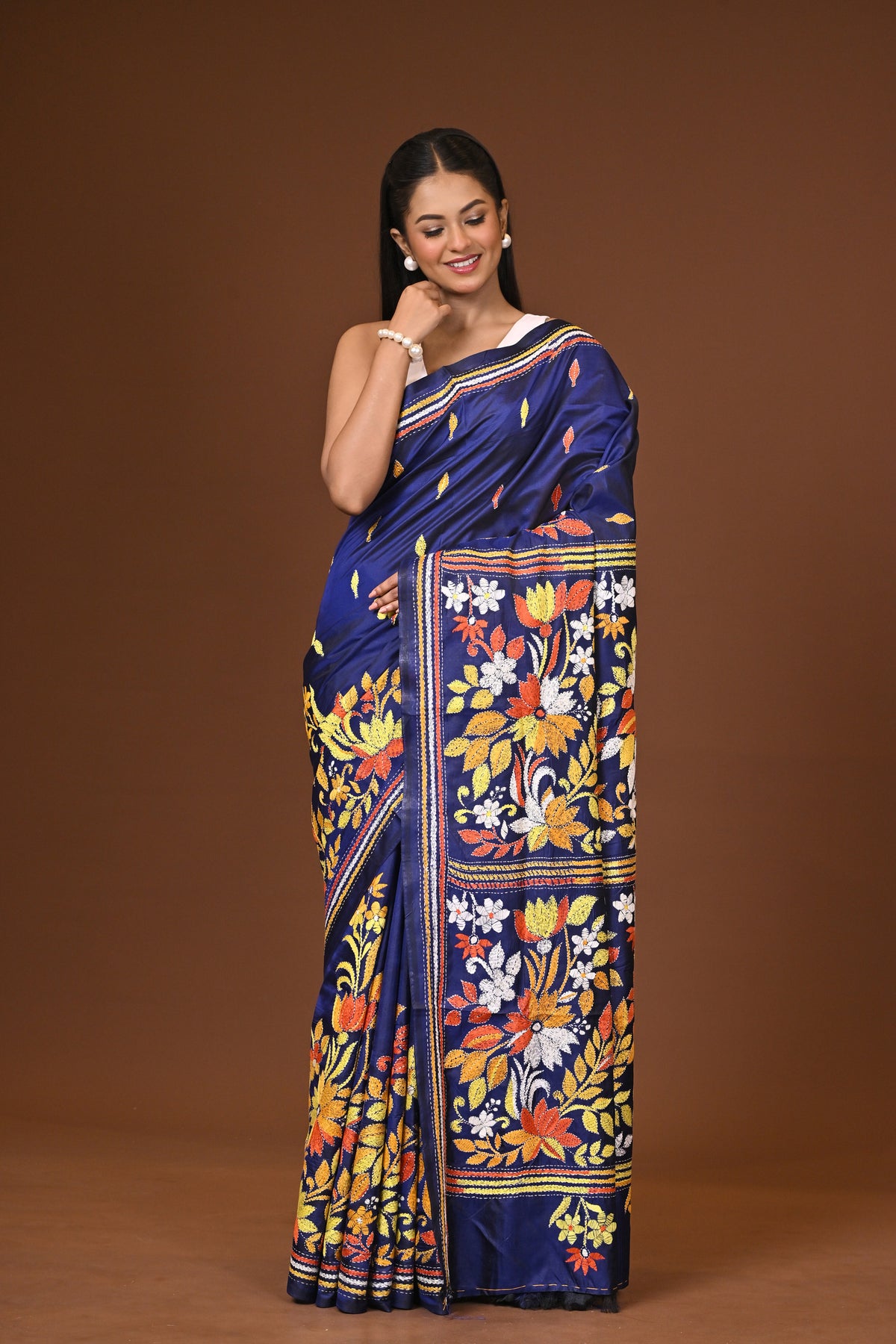 Blended Silk Kantha Stitch Saree Navy Blue