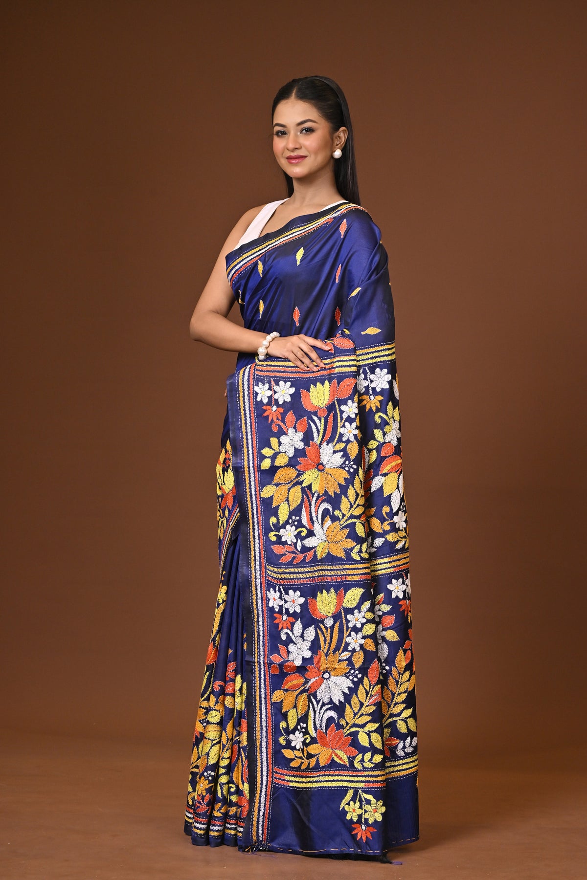 Blended Silk Kantha Stitch Saree Navy Blue