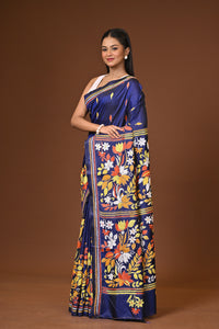 Blended Silk Kantha Stitch Saree Navy Blue