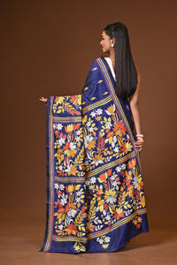 Blended Silk Kantha Stitch Saree Navy Blue