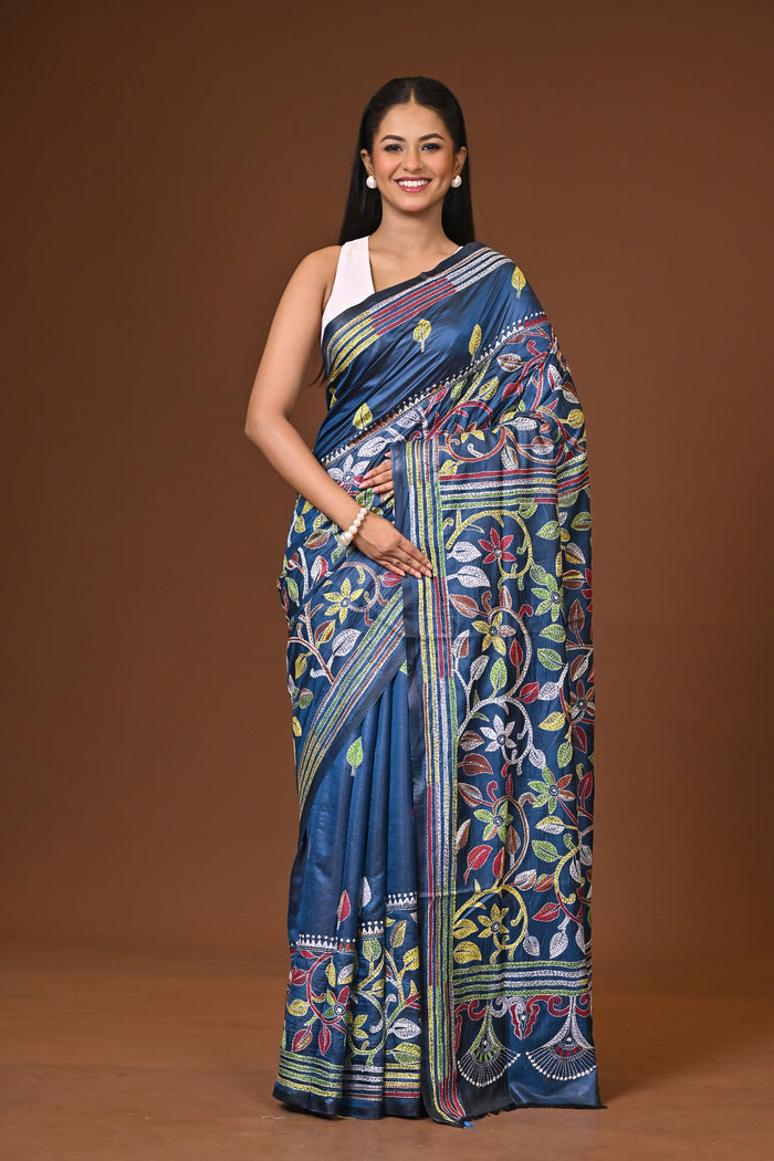 Blended Silk Kantha Stitch Saree