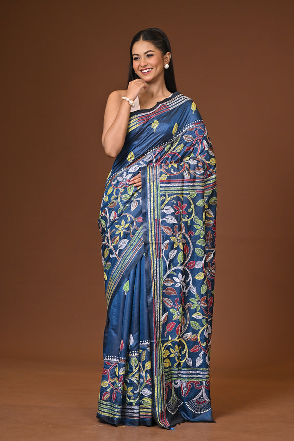 Blended Silk Kantha Stitch Saree