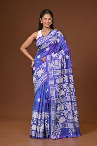 Blended Silk Kantha Stitch Saree Blue