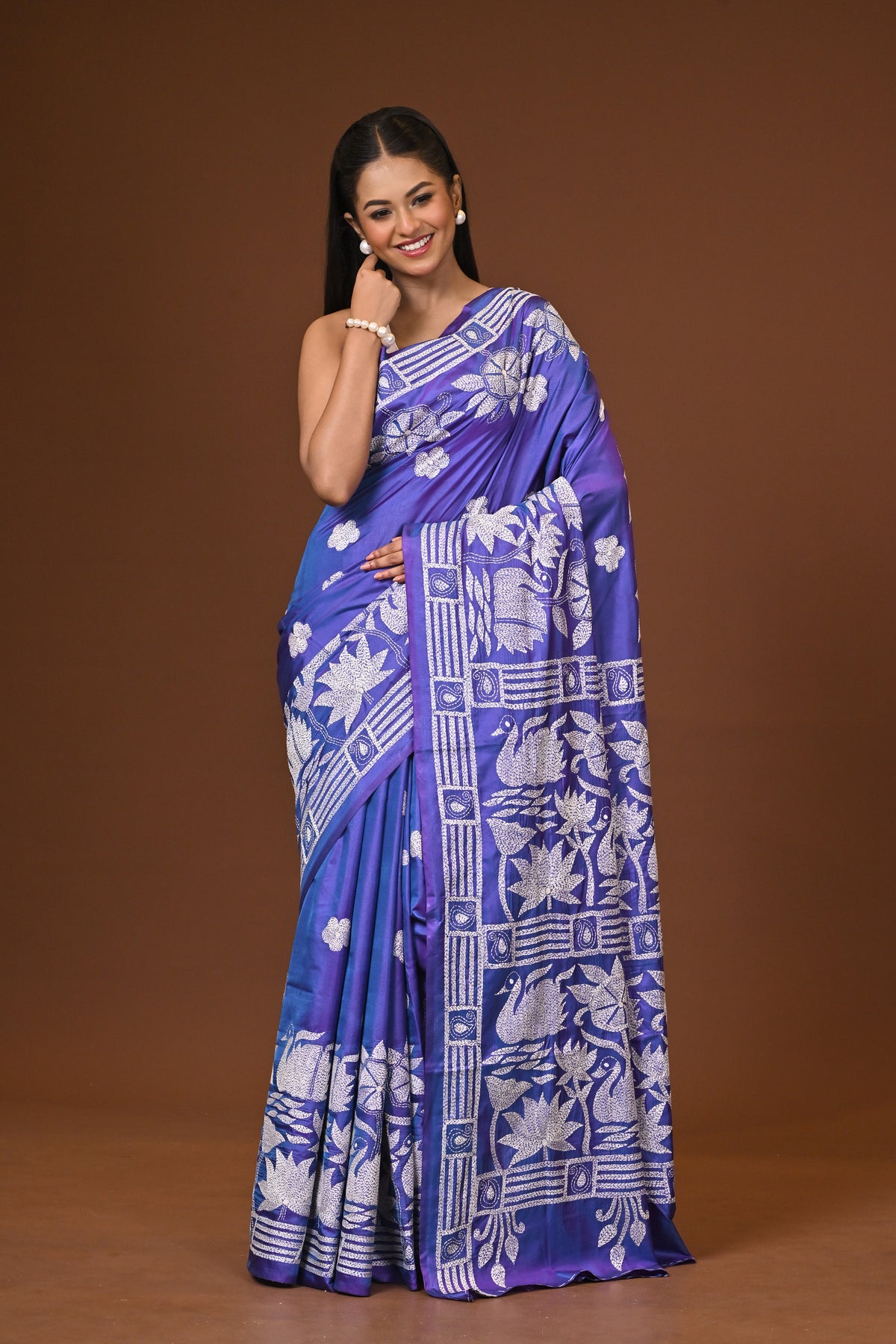 Blended Silk Kantha Stitch Saree Blue