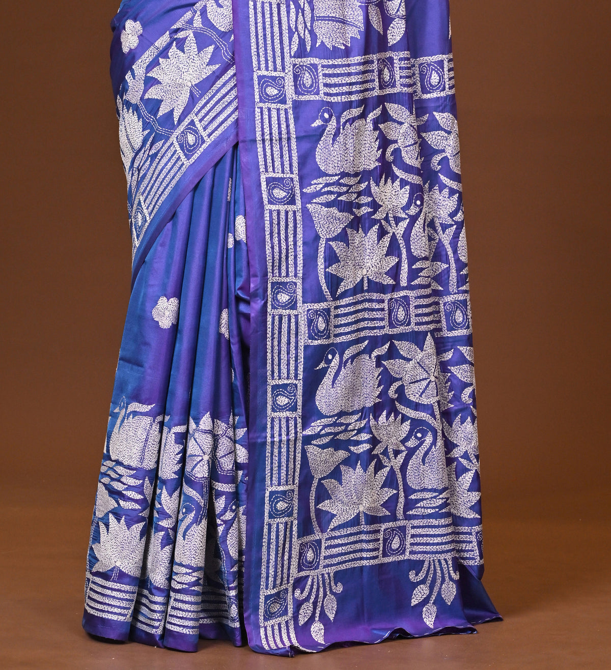 Blended Silk Kantha Stitch Saree Blue