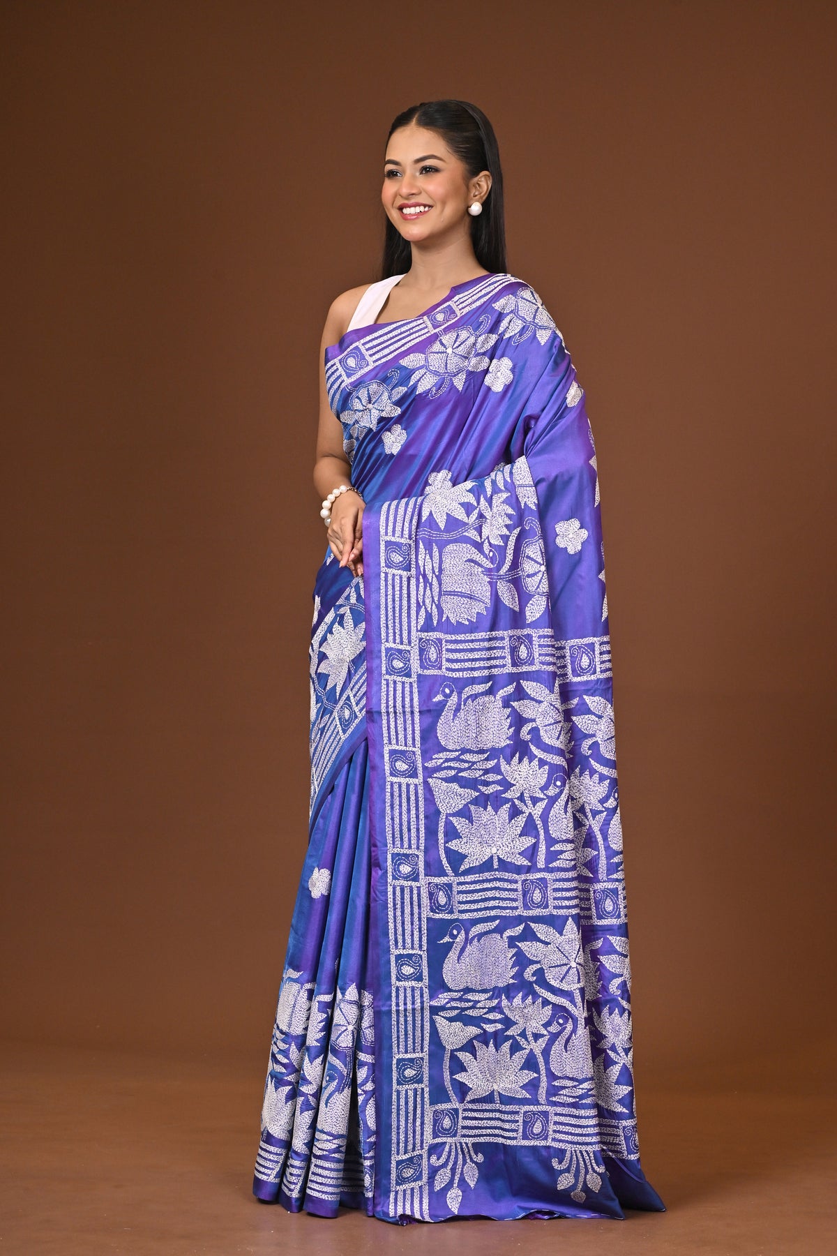 Blended Silk Kantha Stitch Saree Blue