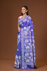Blended Silk Kantha Stitch Saree Blue