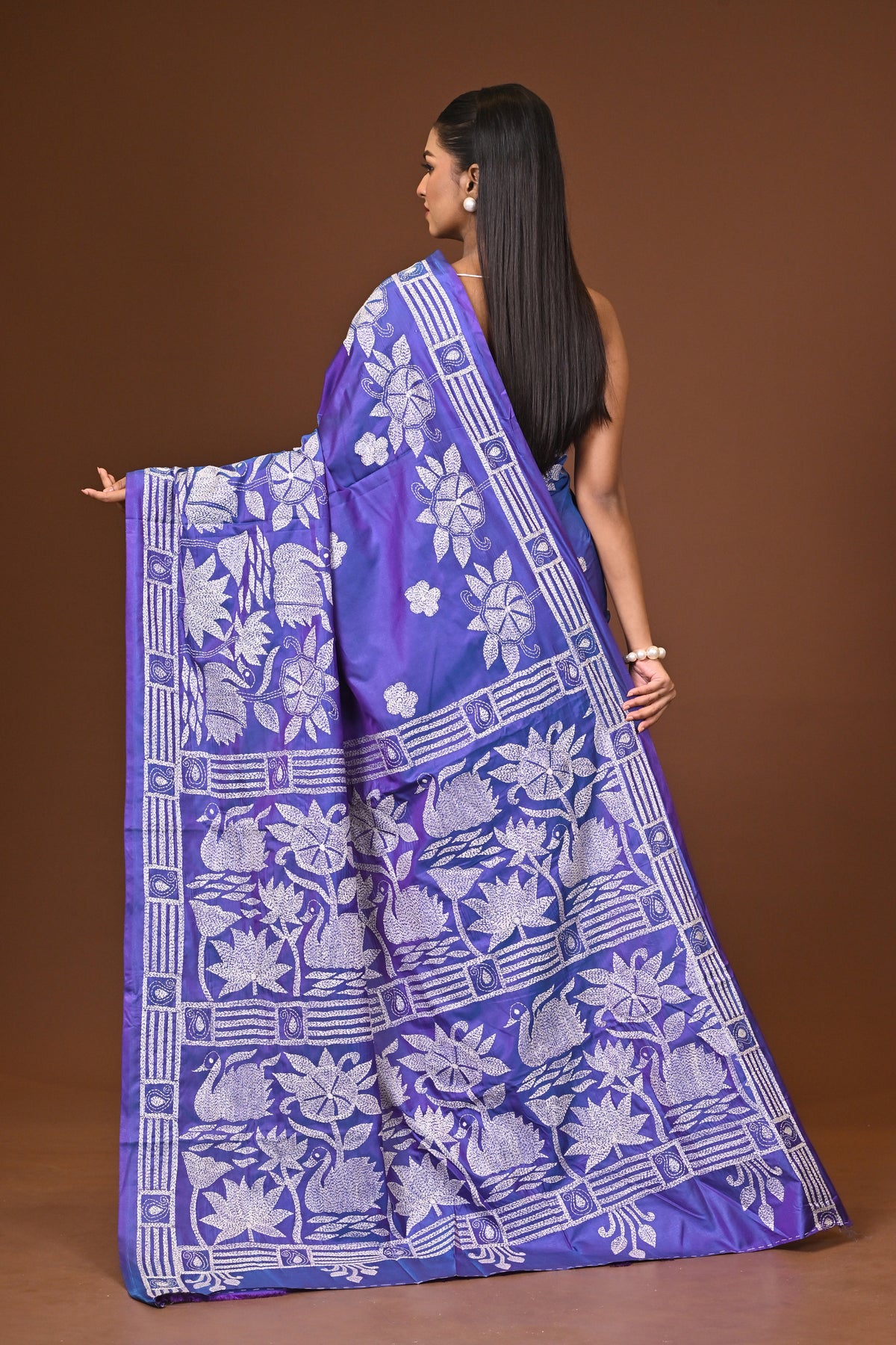Blended Silk Kantha Stitch Saree Blue