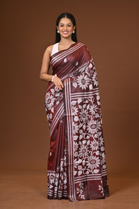 Blended Silk Kantha Stitch Saree Brown