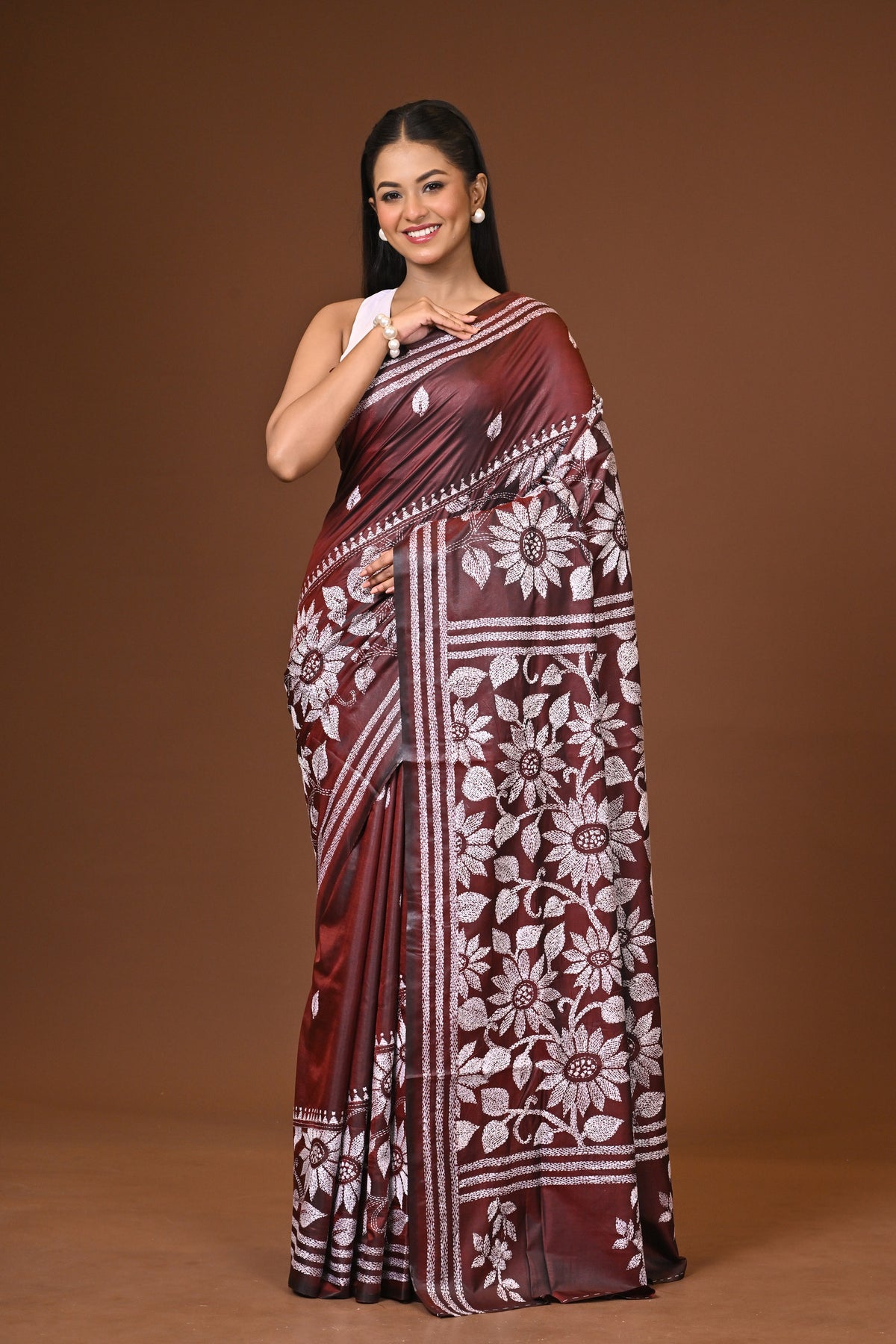 Blended Silk Kantha Stitch Saree Brown