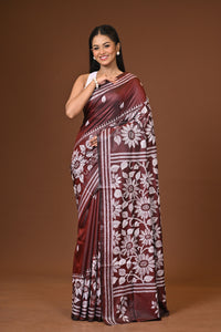 Blended Silk Kantha Stitch Saree Brown