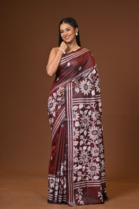 Blended Silk Kantha Stitch Saree Brown
