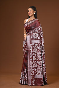 Blended Silk Kantha Stitch Saree Brown