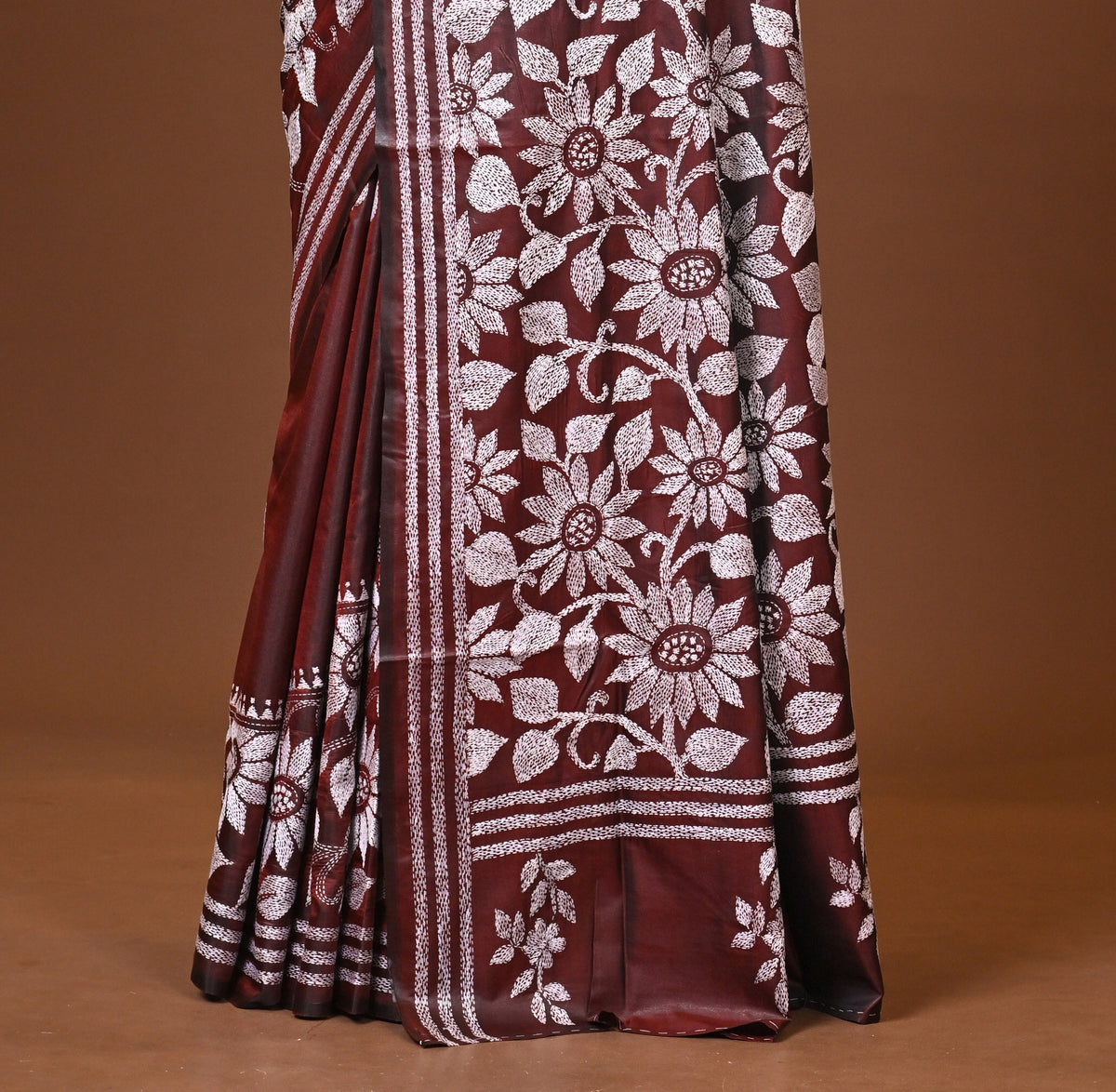 Blended Silk Kantha Stitch Saree Brown