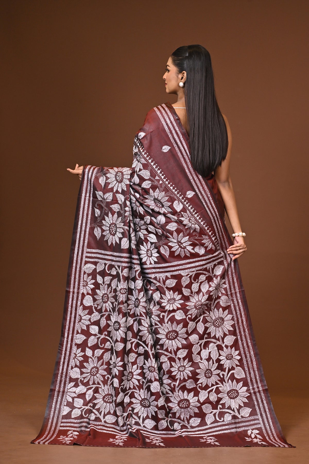 Blended Silk Kantha Stitch Saree Brown