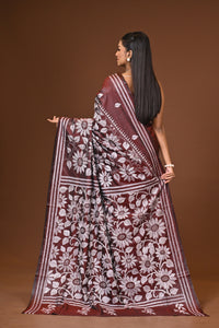 Blended Silk Kantha Stitch Saree Brown