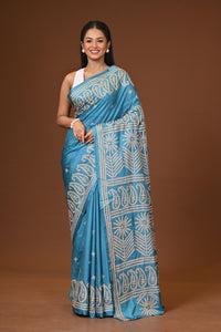 Blended Silk Kantha Stitch Saree Sea Green