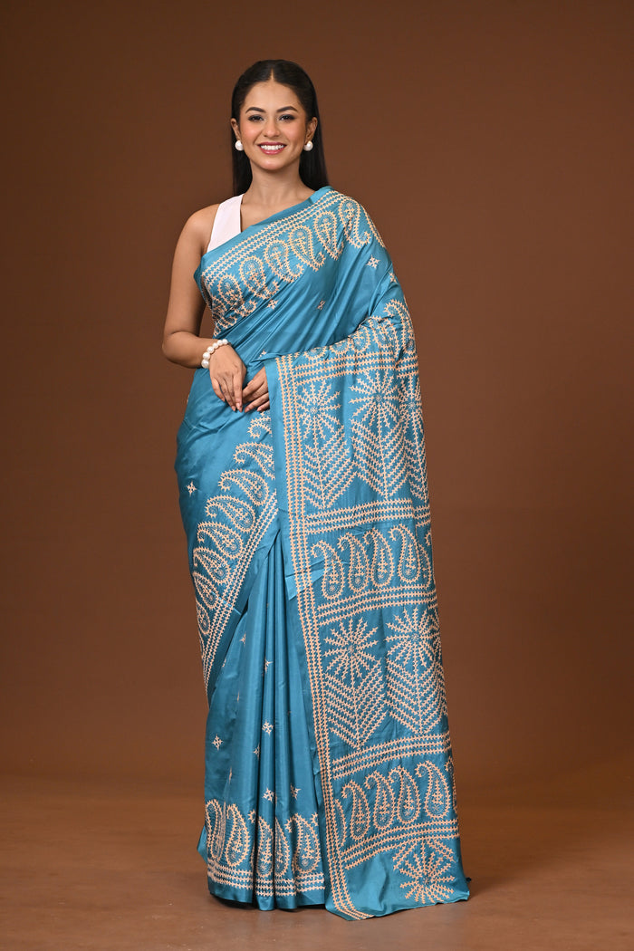 Blended Silk Kantha Stitch Saree