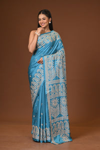 Blended Silk Kantha Stitch Saree Sea Green