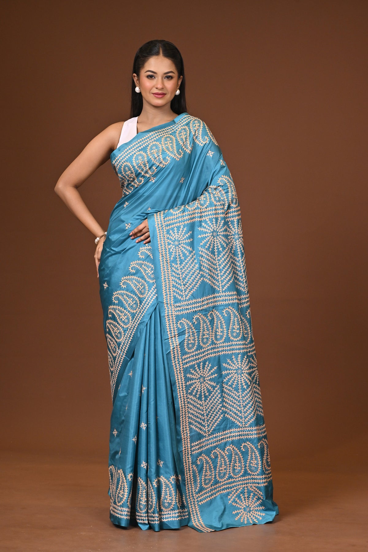 Blended Silk Kantha Stitch Saree Sea Green