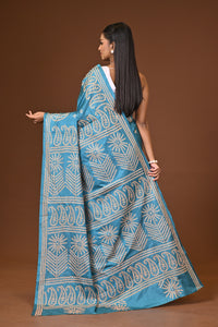 Blended Silk Kantha Stitch Saree Sea Green