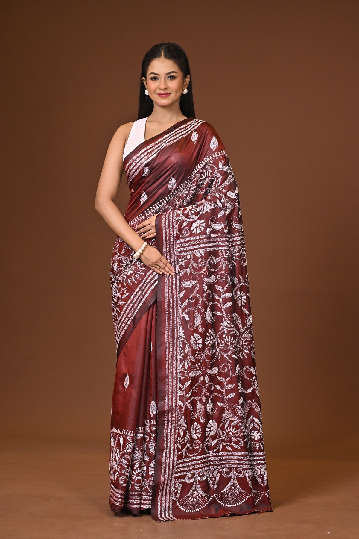 Blended Silk Kantha Stitch Saree Brown