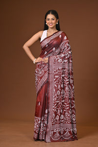 Blended Silk Kantha Stitch Saree Brown