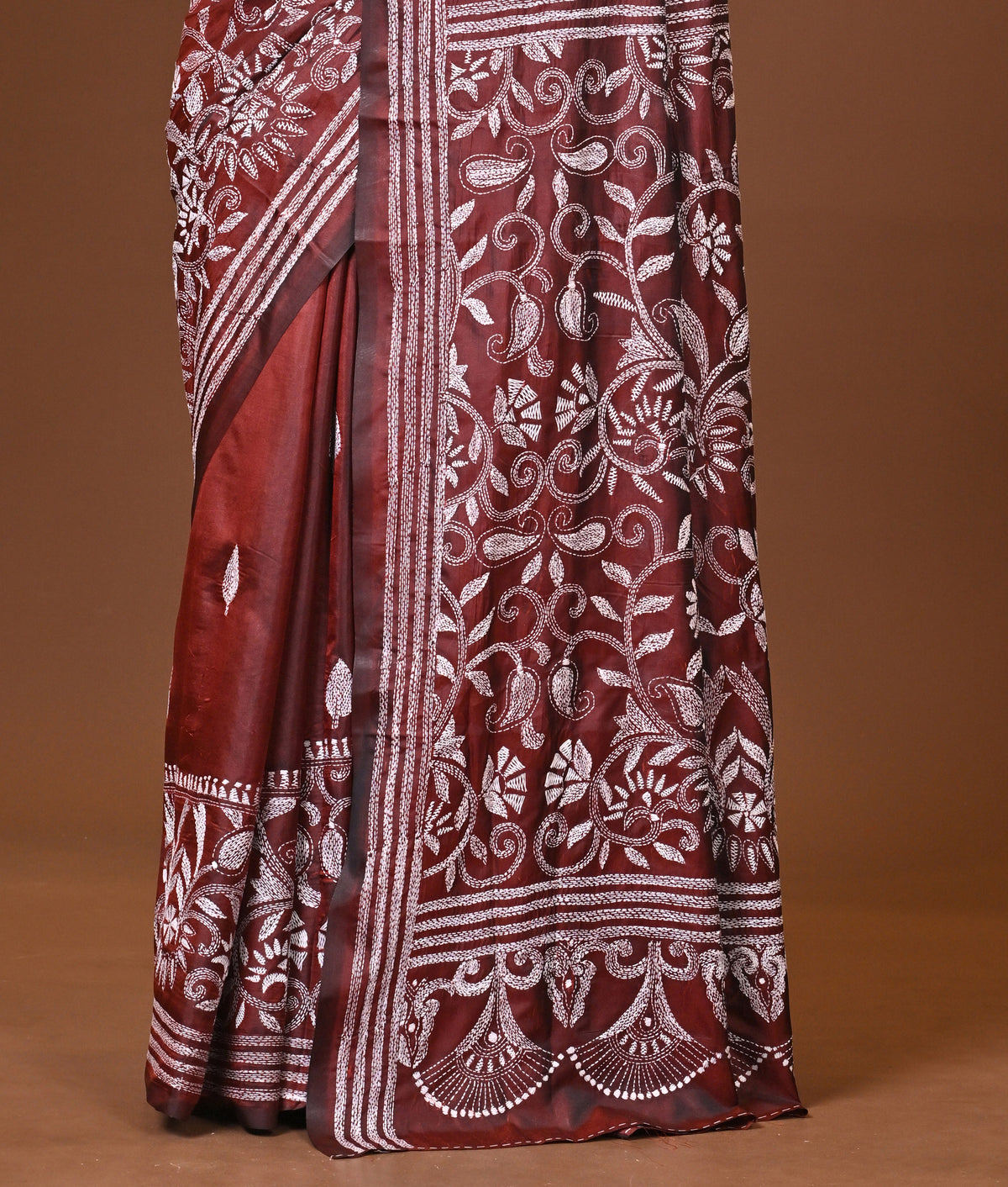 Blended Silk Kantha Stitch Saree Brown