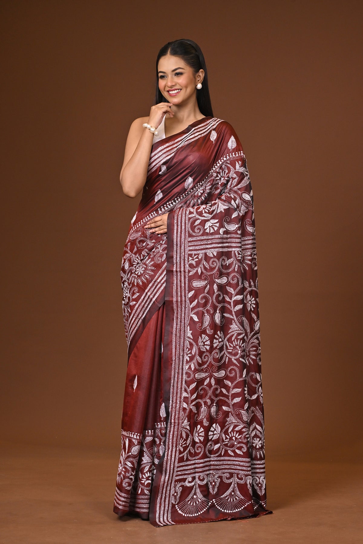 Blended Silk Kantha Stitch Saree Brown