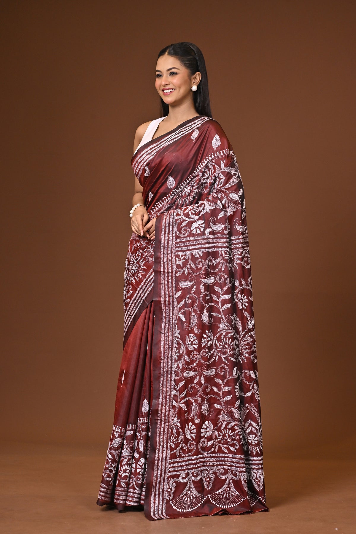 Blended Silk Kantha Stitch Saree Brown