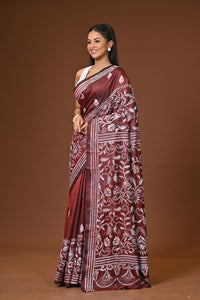 Blended Silk Kantha Stitch Saree Brown