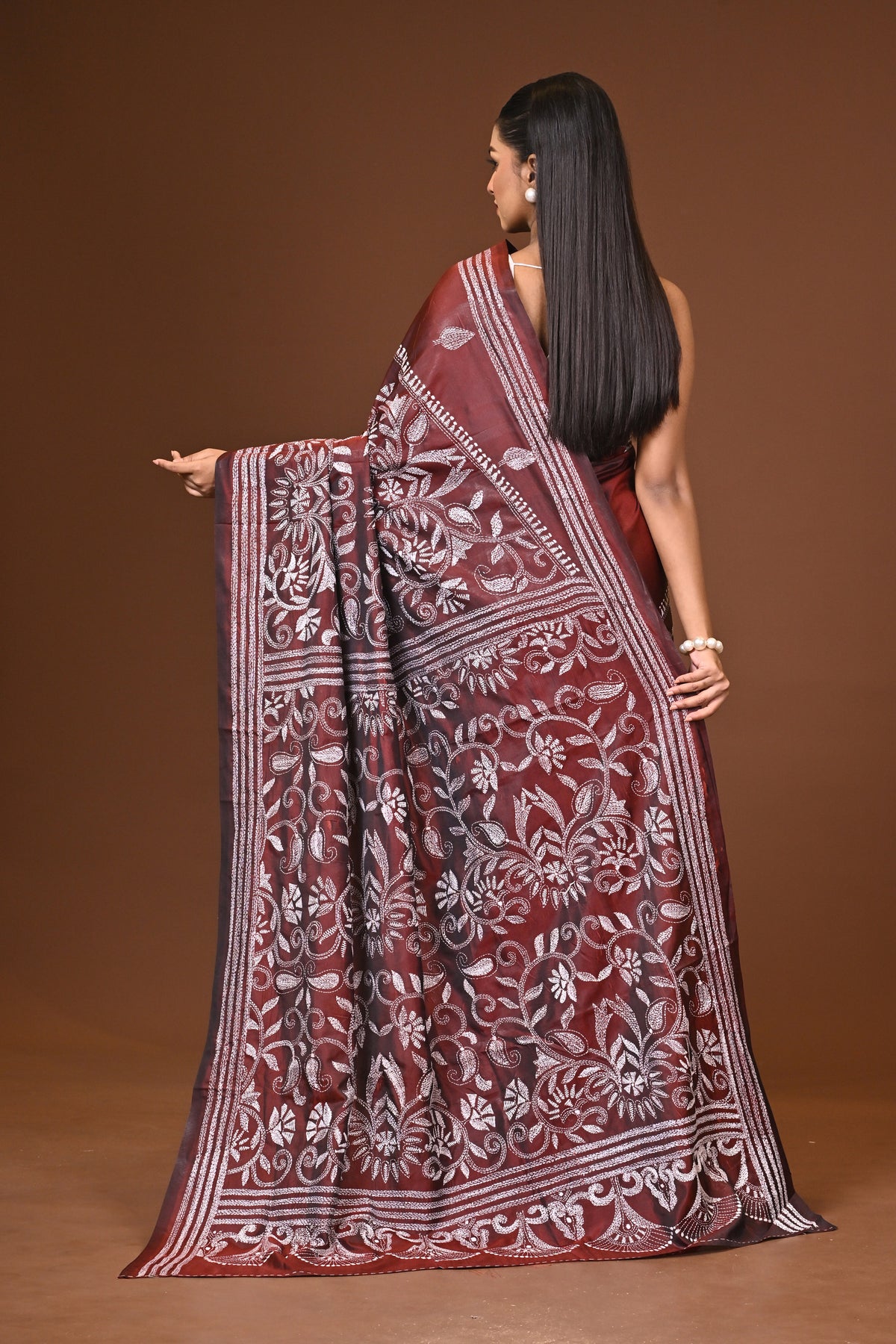 Blended Silk Kantha Stitch Saree Brown