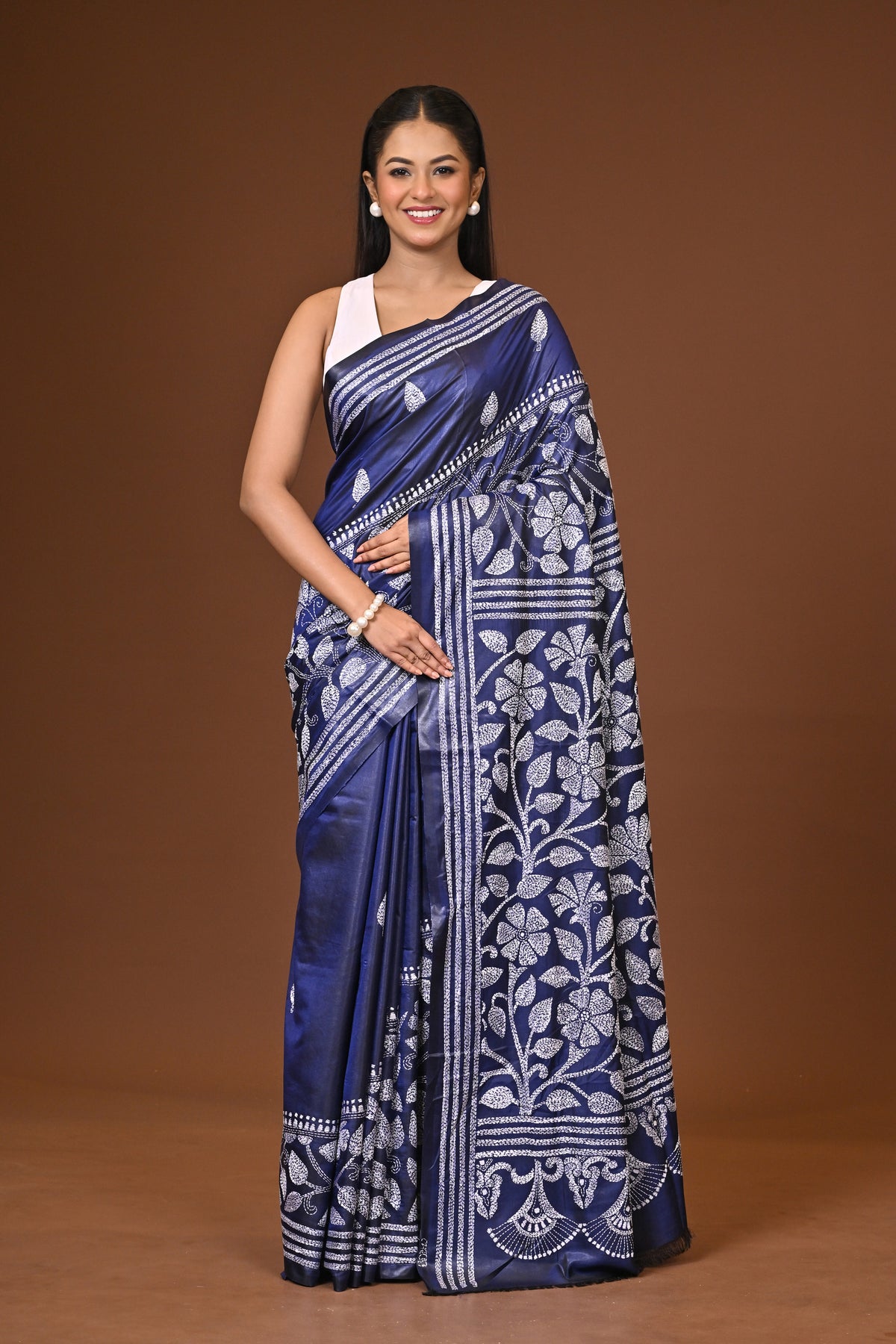 Blended Silk Kantha Stitch Saree Blue