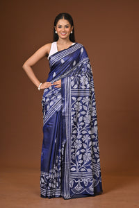 Blended Silk Kantha Stitch Saree Blue