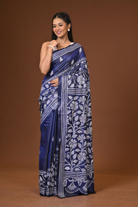 Blended Silk Kantha Stitch Saree Blue