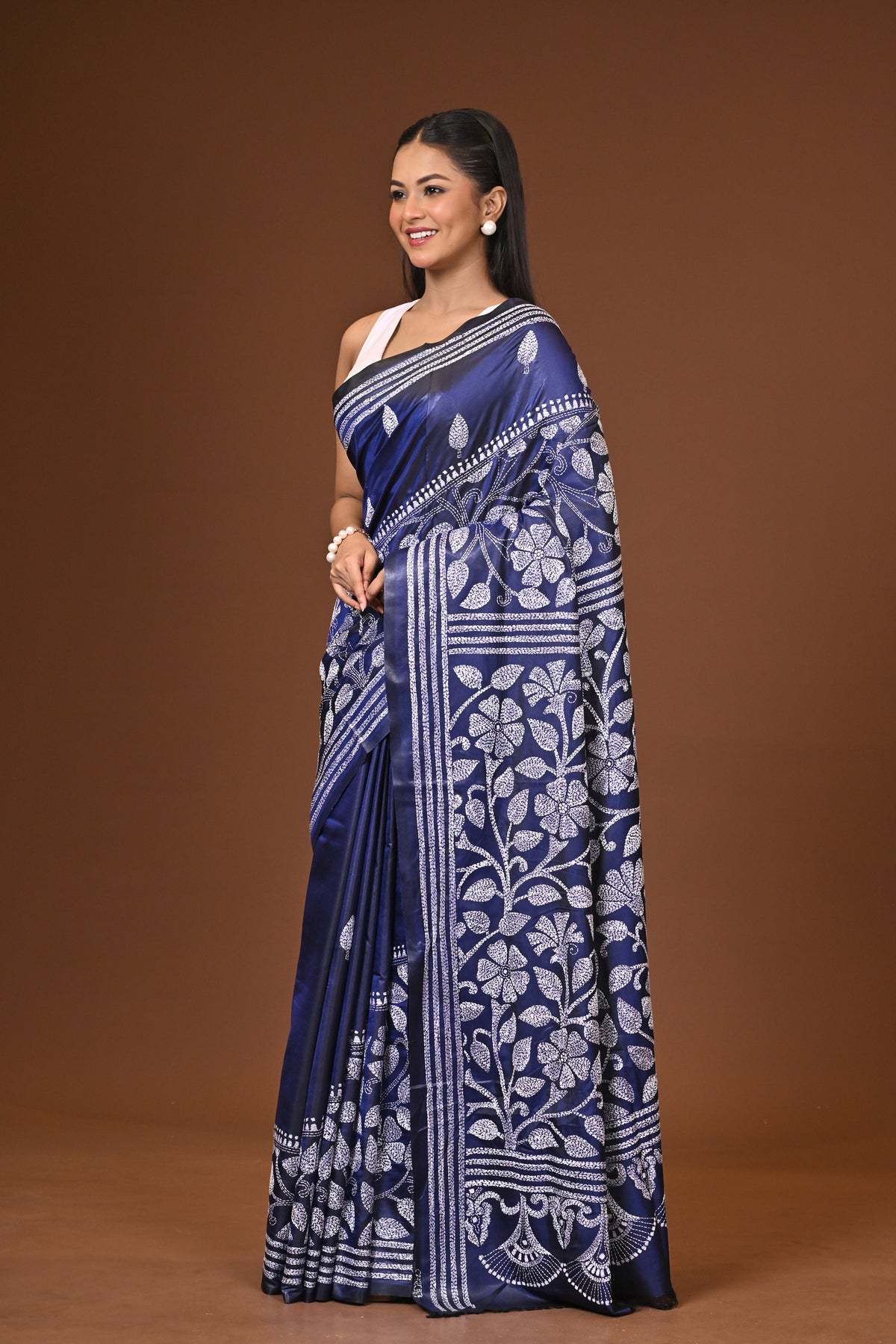Blended Silk Kantha Stitch Saree Blue