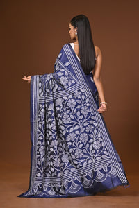 Blended Silk Kantha Stitch Saree Blue