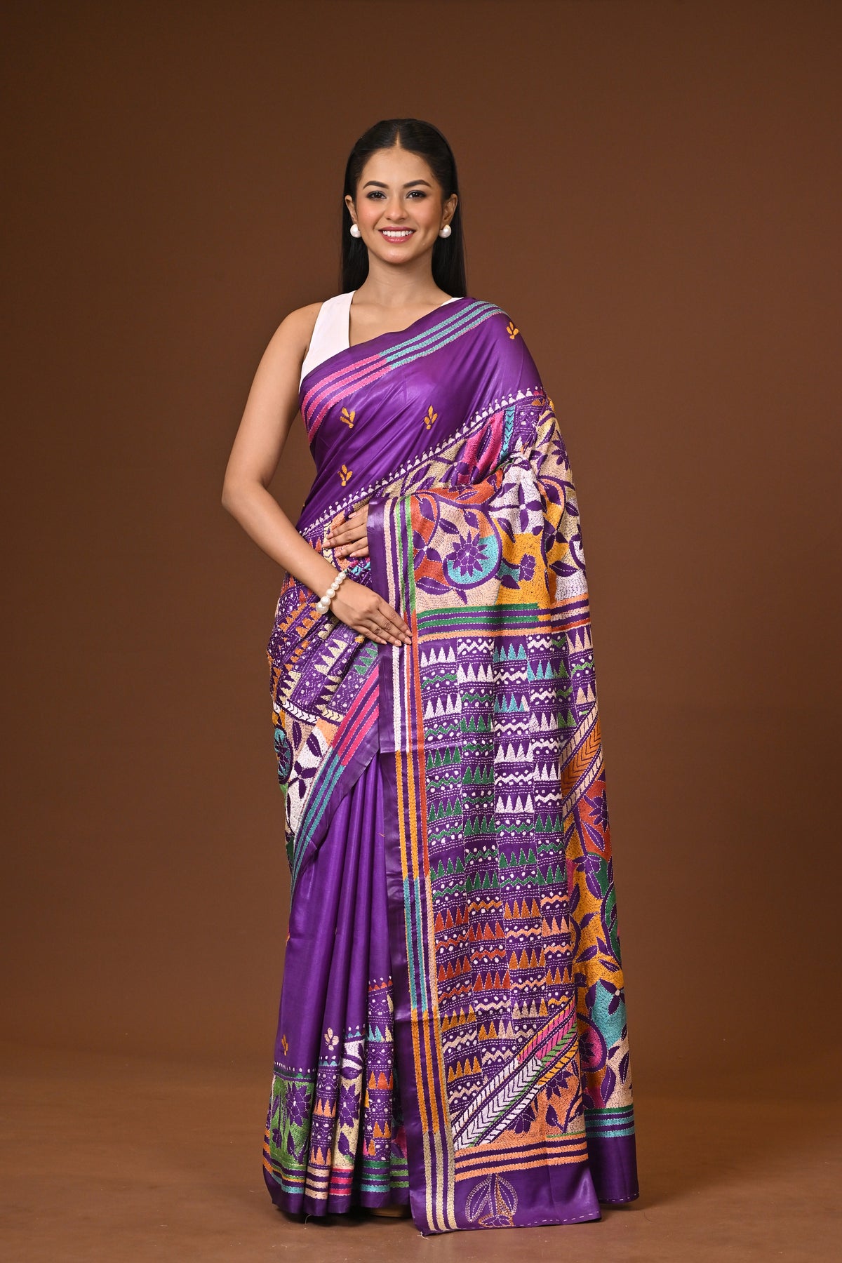 Blended Silk Kantha Stitch Saree Purple