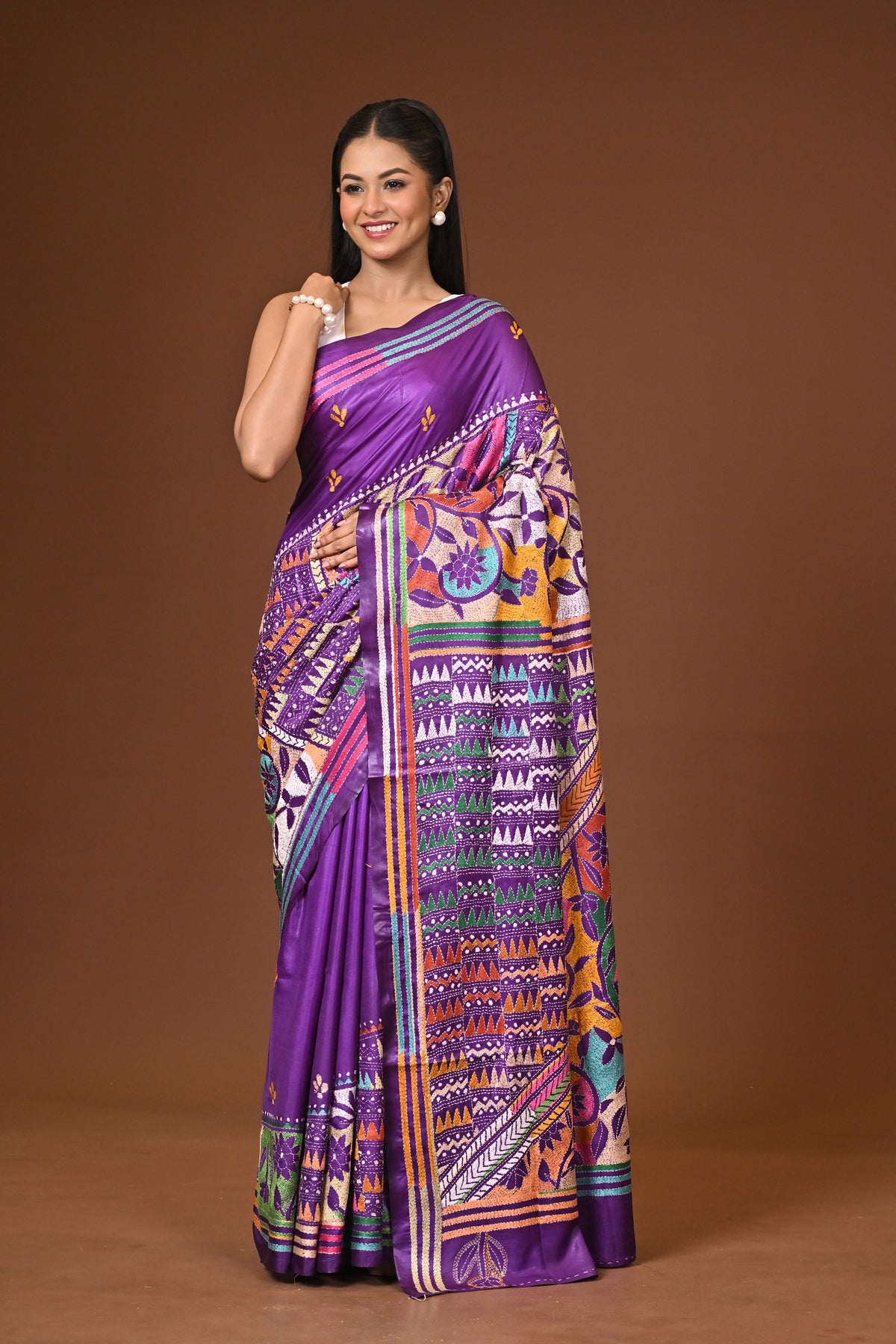 Blended Silk Kantha Stitch Saree Purple