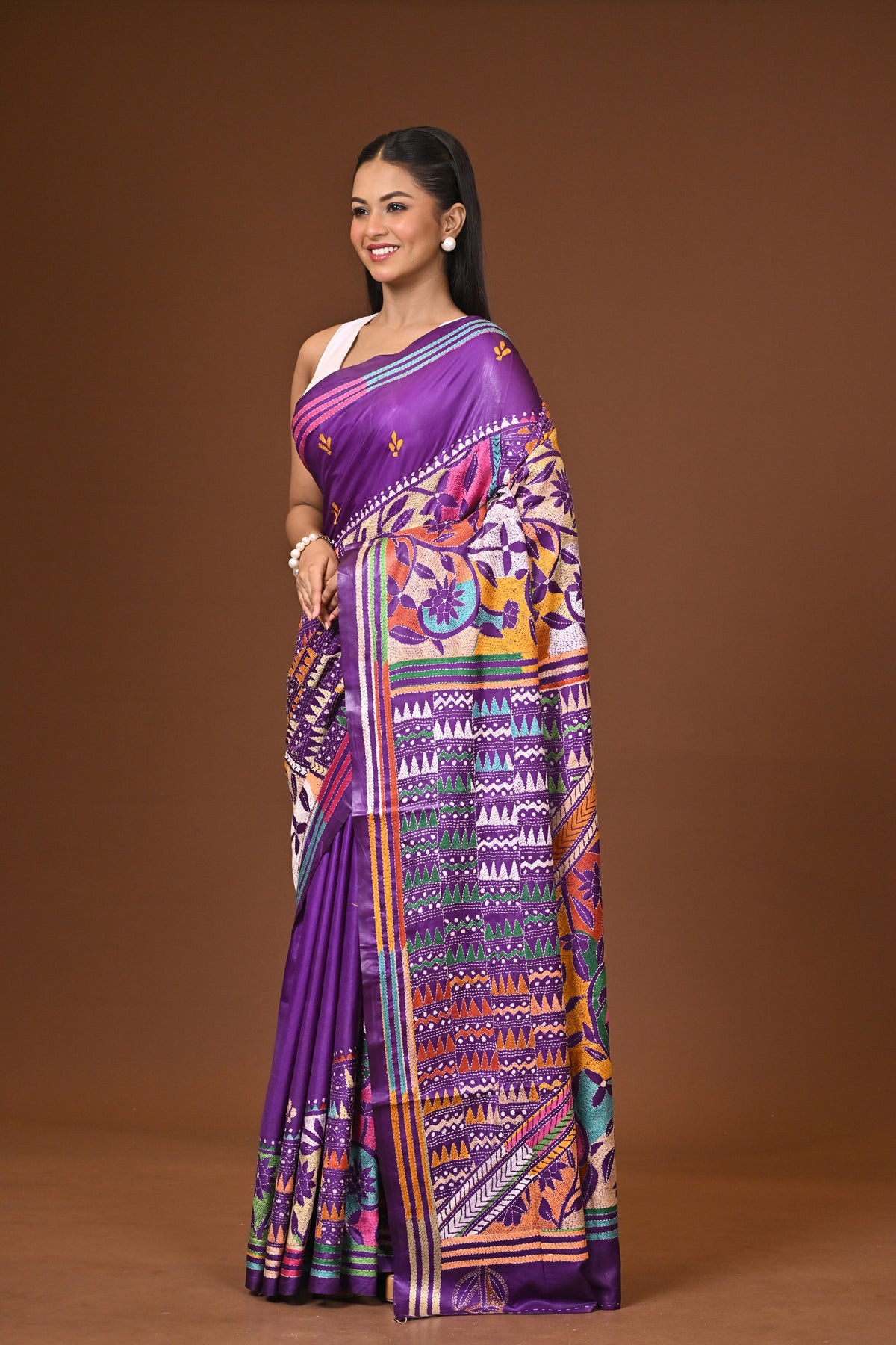 Blended Silk Kantha Stitch Saree Purple
