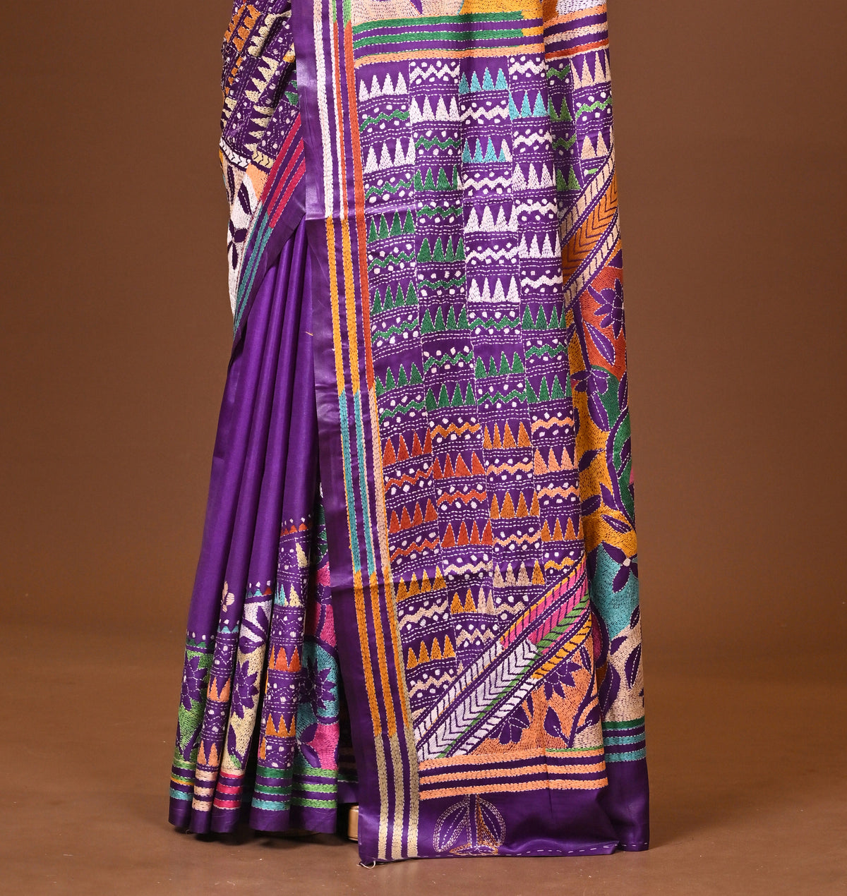 Blended Silk Kantha Stitch Saree Purple