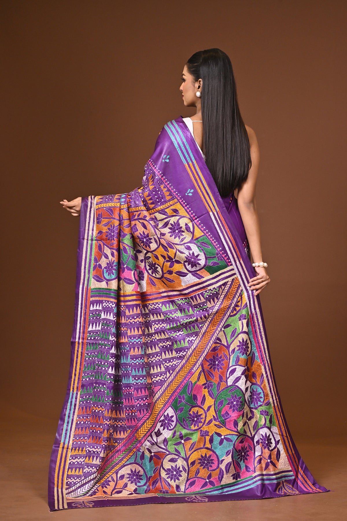 Blended Silk Kantha Stitch Saree Purple