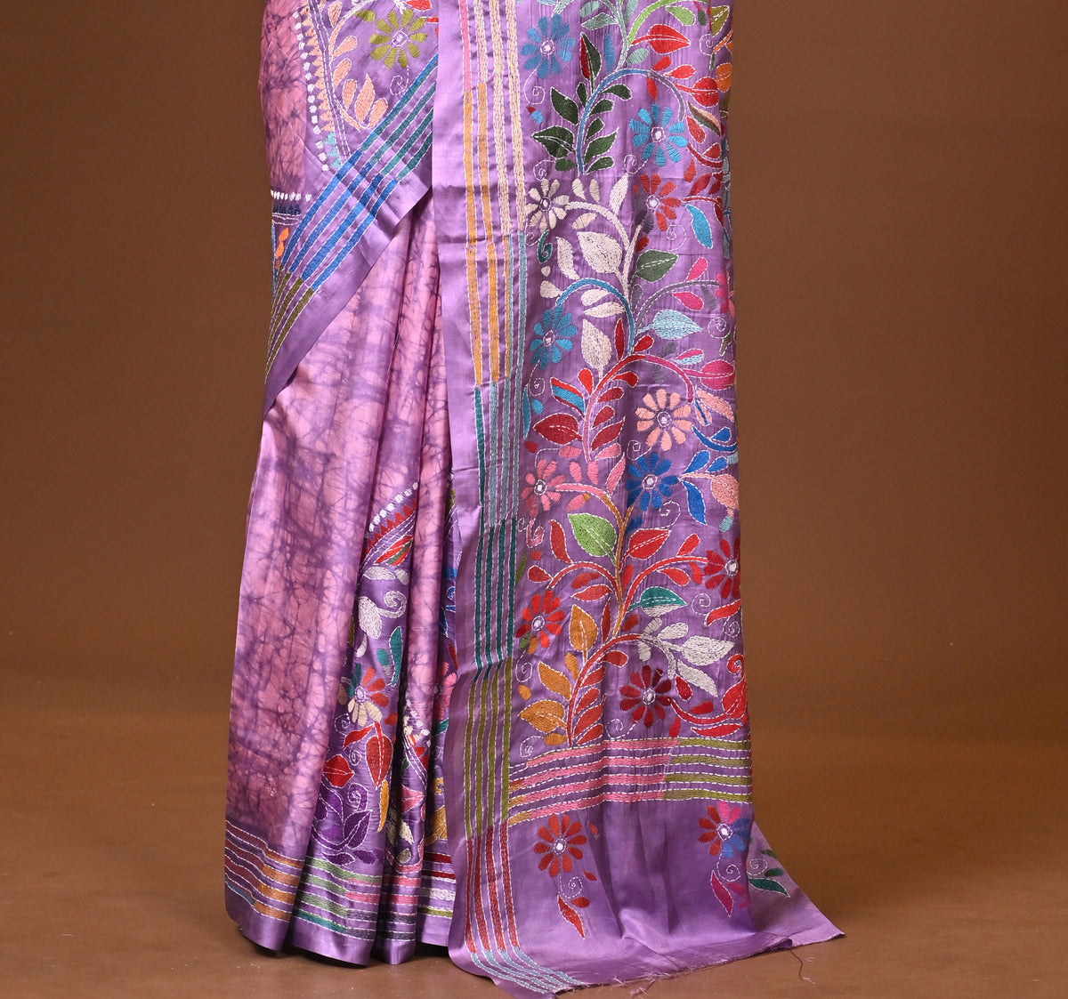 Blended Silk Kantha Stitch Saree Light Purple