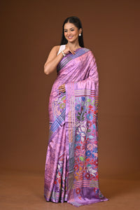 Blended Silk Kantha Stitch Saree Light Purple