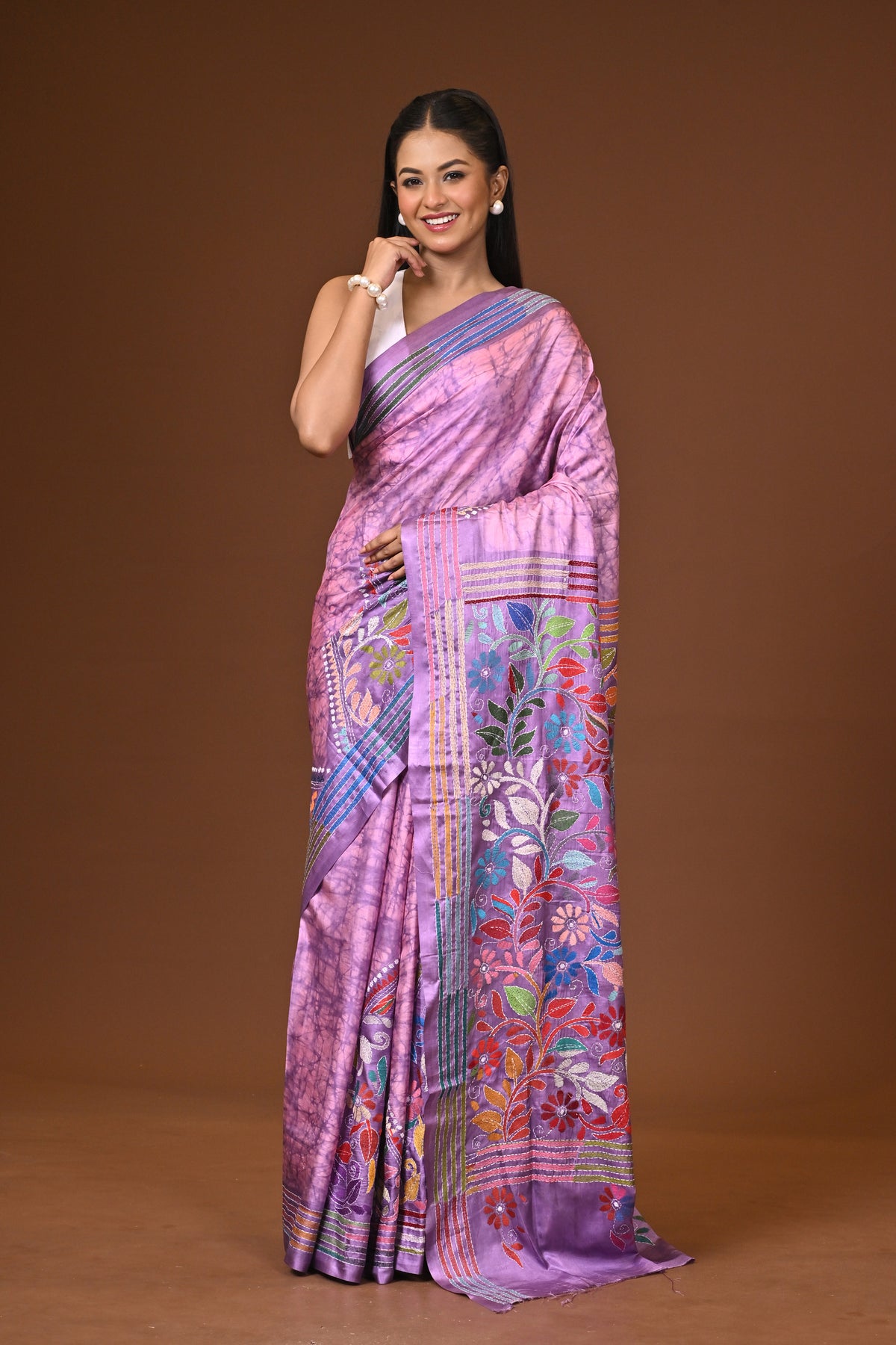 Blended Silk Kantha Stitch Saree Light Purple