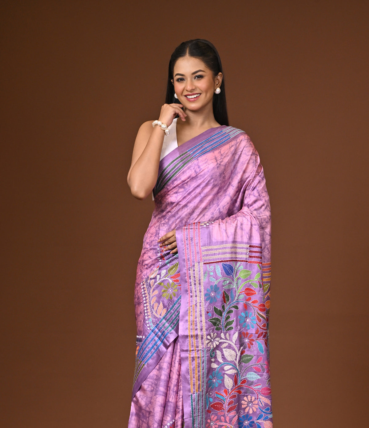 Blended Silk Kantha Stitch Saree Light Purple