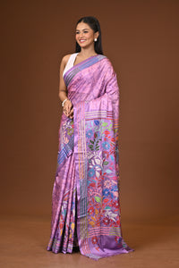 Blended Silk Kantha Stitch Saree Light Purple