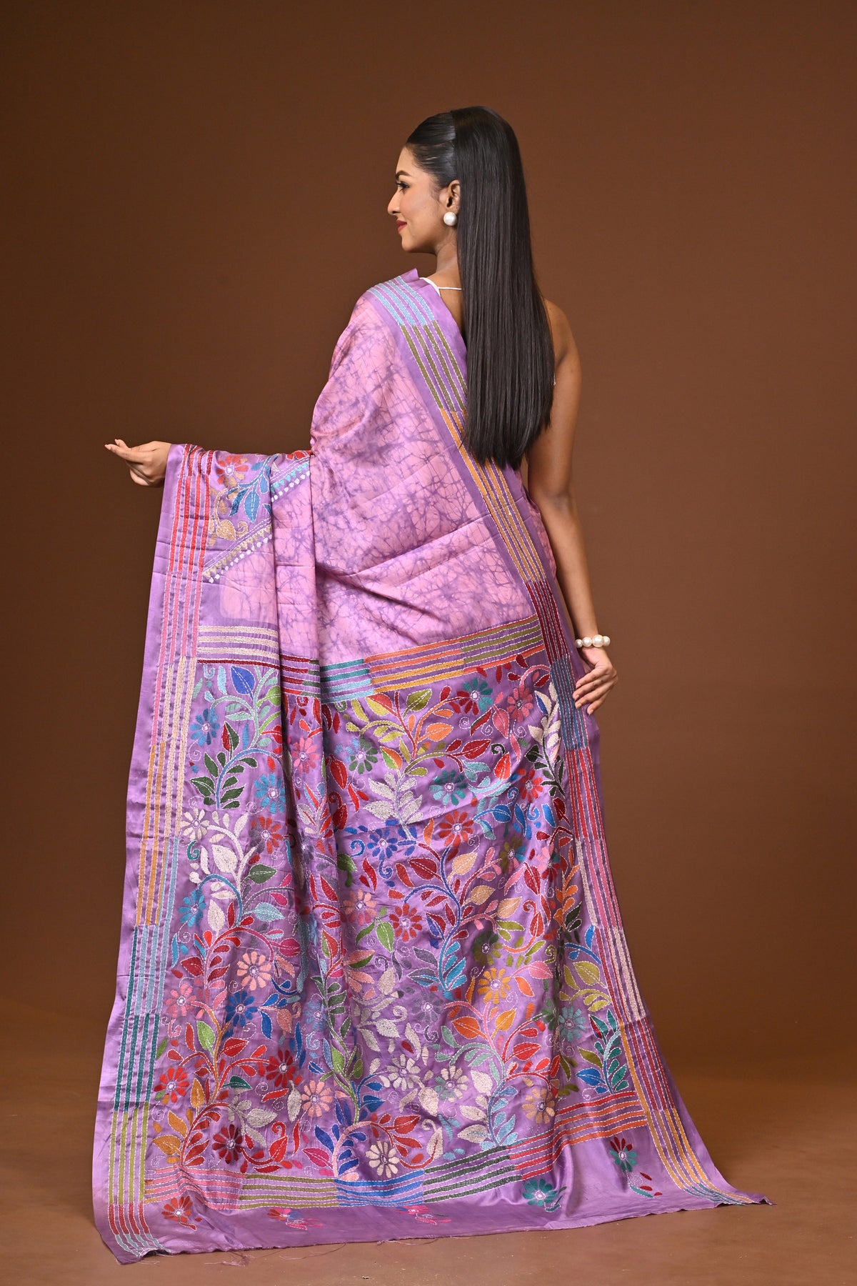 Blended Silk Kantha Stitch Saree Light Purple
