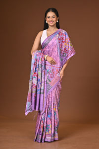 Blended Silk Kantha Stitch Saree Light Purple