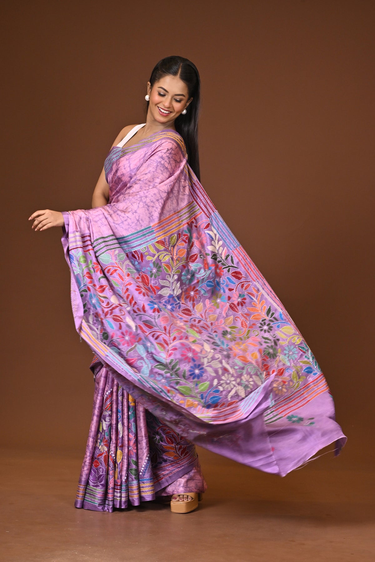 Blended Silk Kantha Stitch Saree Light Purple